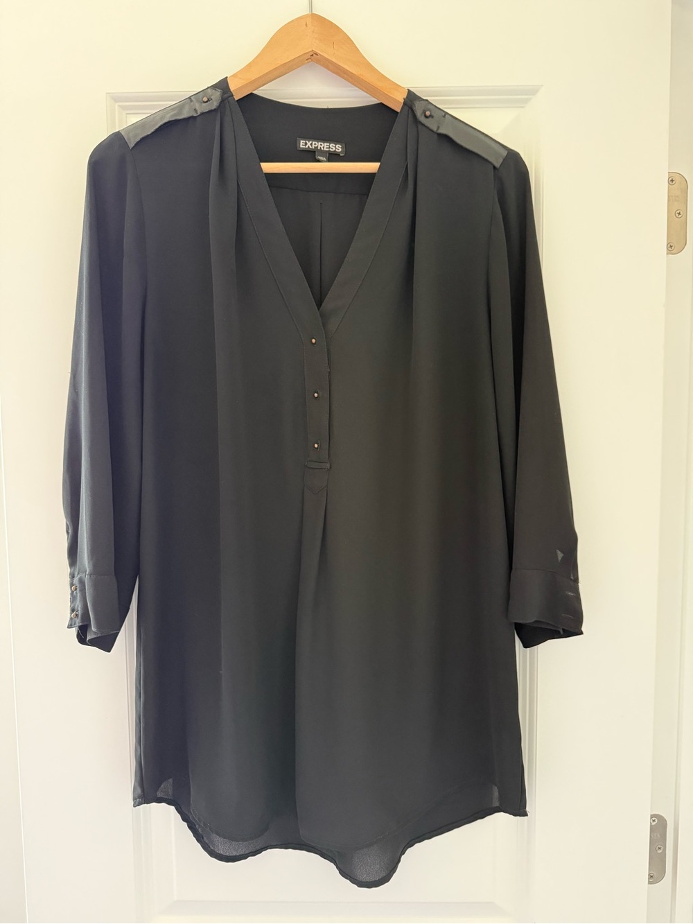 Express Black V-Neck Tunic Blouse with Shoulder Tabs